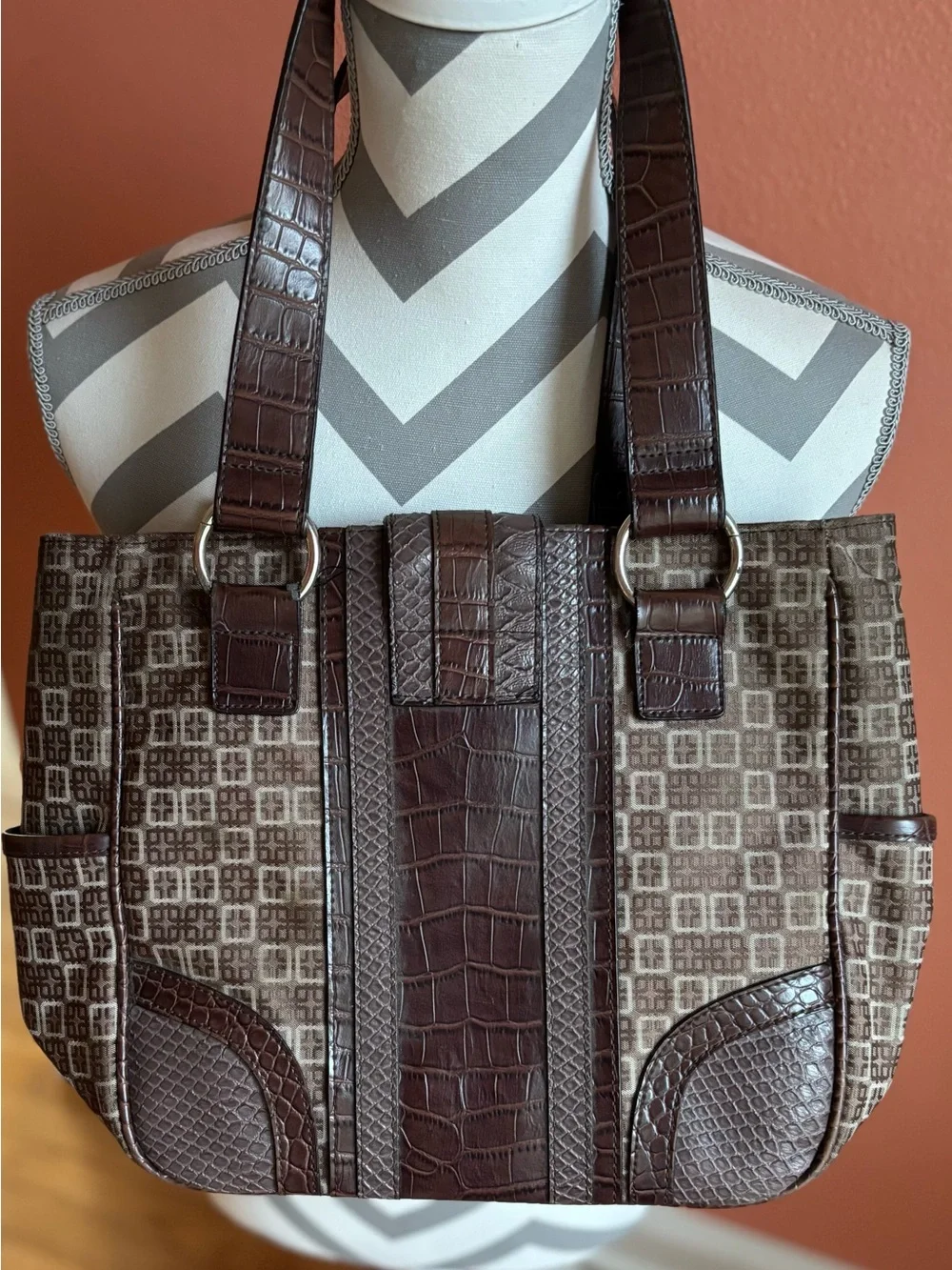 Worthington Brown Patterned Shoulder Tote with Croc-Trim